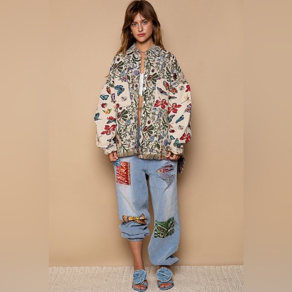 100.POL multicolor jacket Shacket Oversized Butterfly Floral Jacquard - Picture 6 of 7